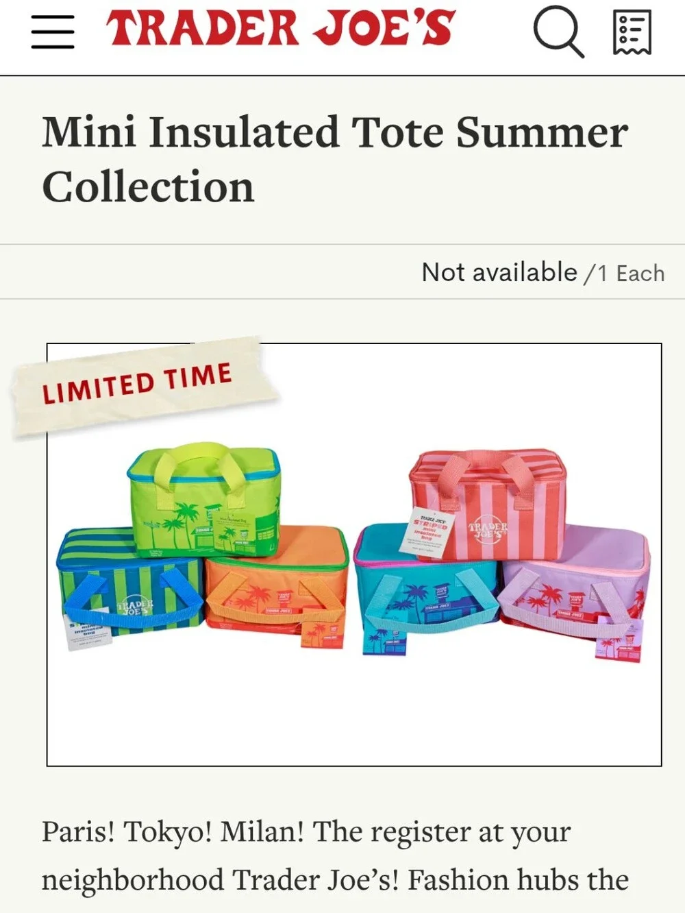 *NEW* Trader Joe’s Mini Insulated Tote Bag - Floral Violet with Pink Zipper - Picture 4 of 6